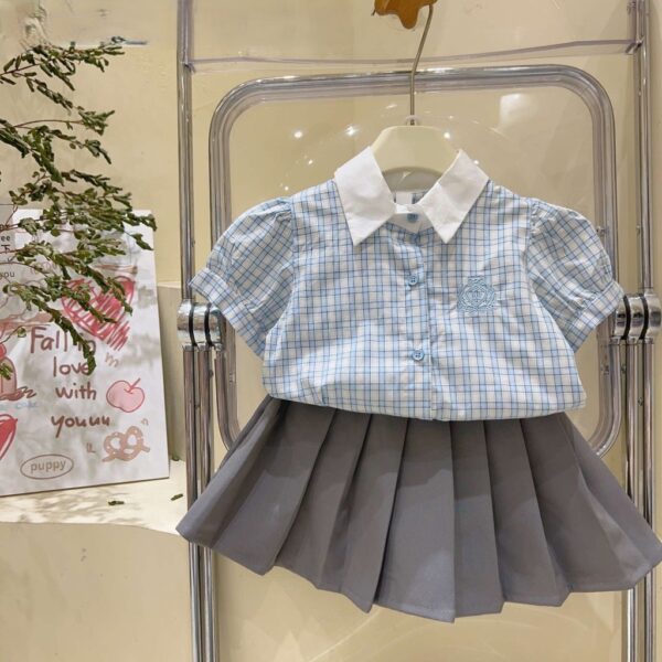 學院風格子套裝（上衣+裙子）##女童短袖套裝 女生 90-130