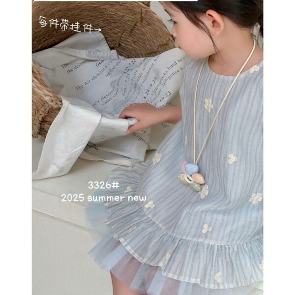 藍竪條連衣裙#3326#女童短袖上衣 女生 90-130