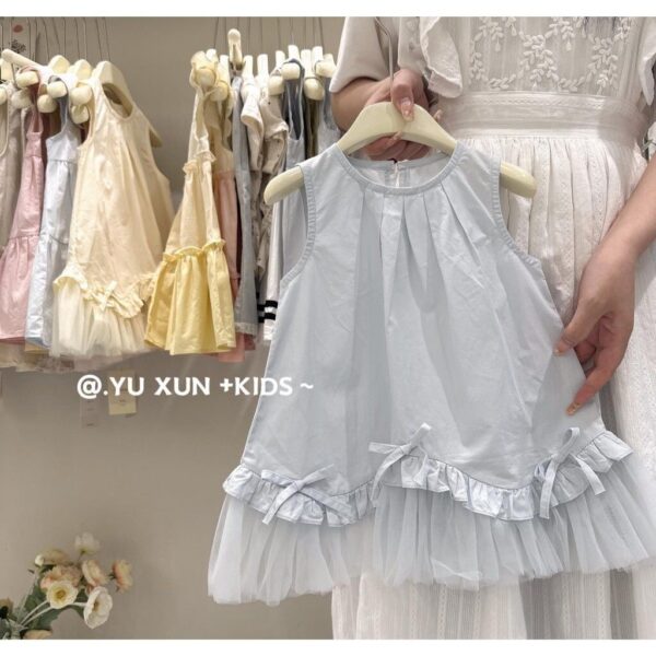 藍拼接蕾絲洋裝#52061#女童短袖洋裝 女生 90-130